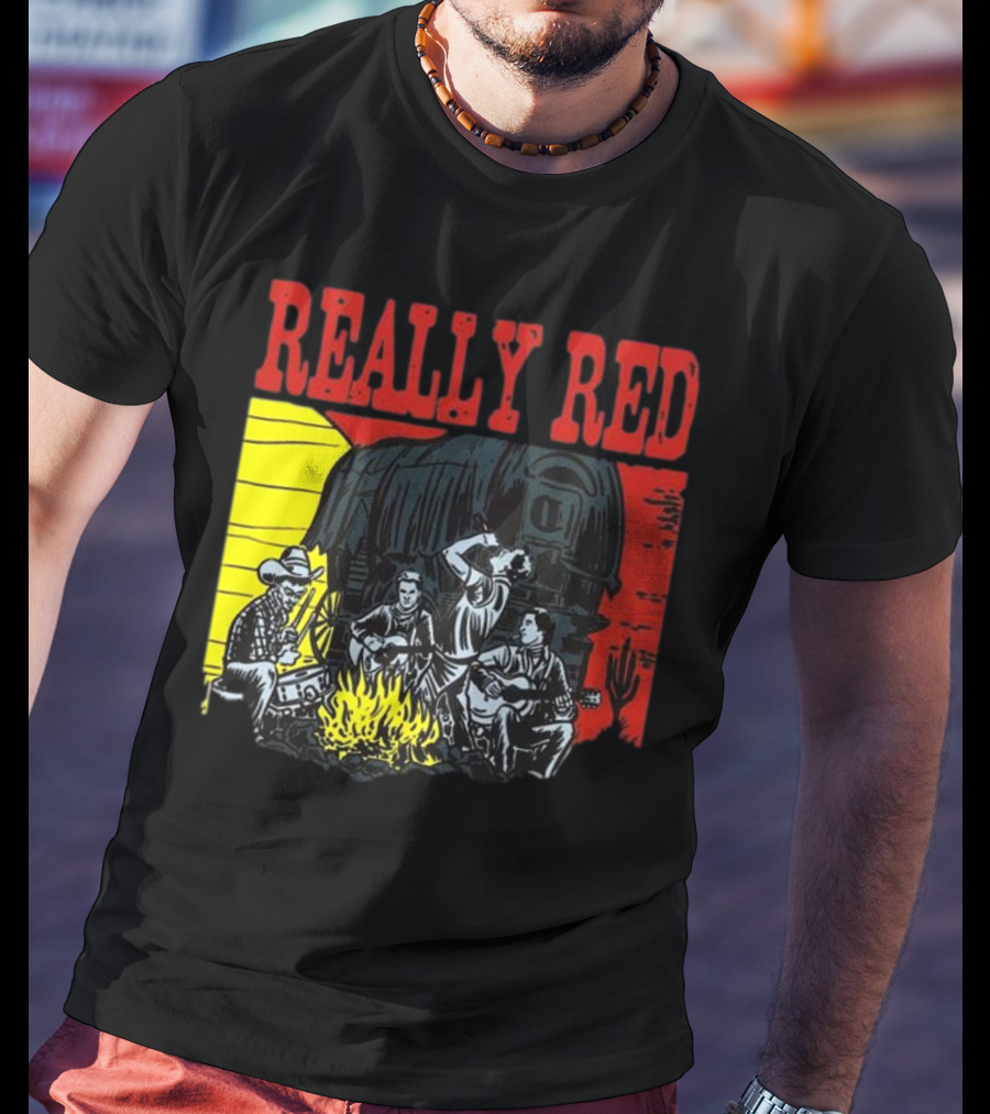 Really Red Cow Punks Campfire Scene With Musical Cowboys And Wagon T-Shirt