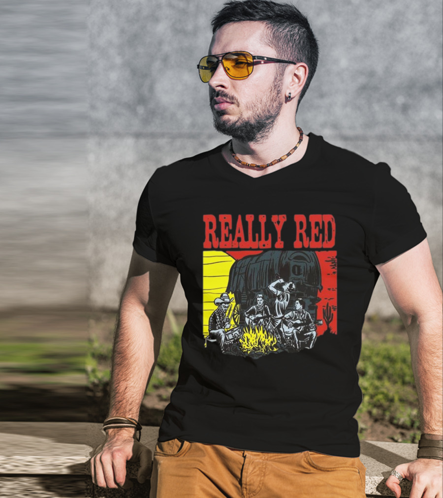 Really Red Cow Punks Campfire Scene With Musical Cowboys And Wagon T-Shirt