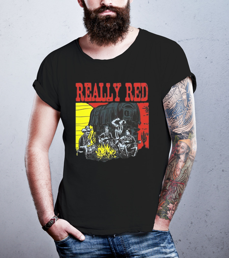 Really Red Cow Punks Campfire Scene With Musical Cowboys And Wagon T-Shirt