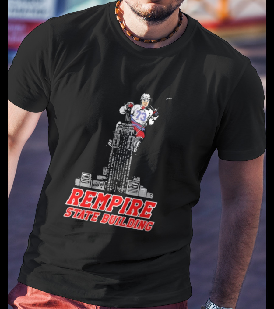 Rempire State Building Red And Blue Hockey Player Skyscraper Concept T-Shirt
