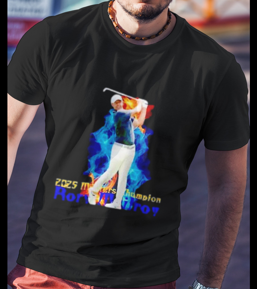 Rory McIlroy 2025 Masters Champion Golf Swing With Fire And Blue Flame Background T-Shirt