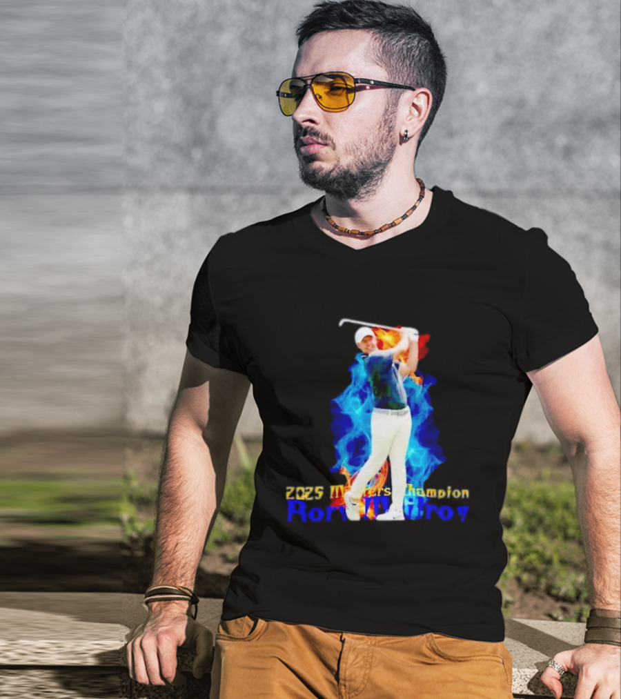 Rory McIlroy 2025 Masters Champion Golf Swing With Fire And Blue Flame Background T-Shirt