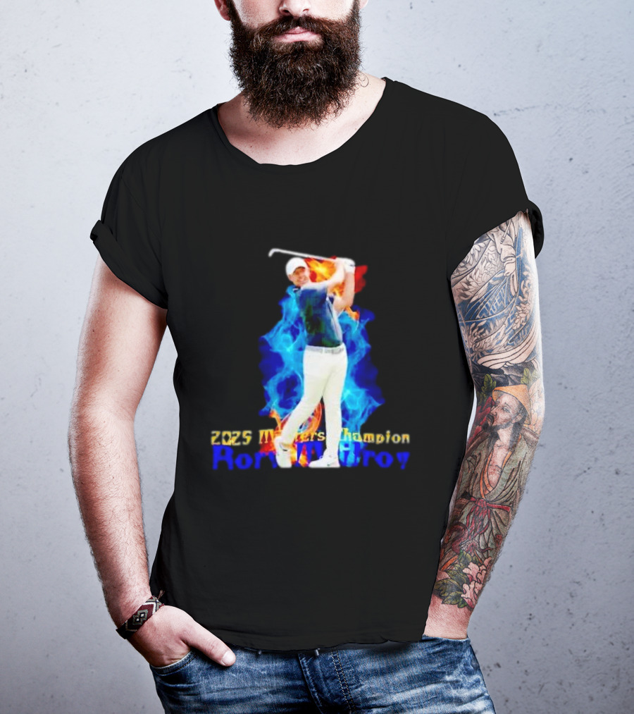 Rory McIlroy 2025 Masters Champion Golf Swing With Fire And Blue Flame Background T-Shirt
