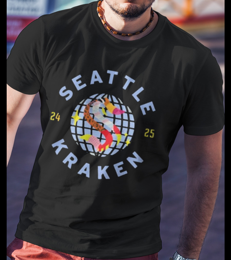 Seattle Kraken Pride Night 2025 Globe Stars Rainbow S 24 25 T-Shirt