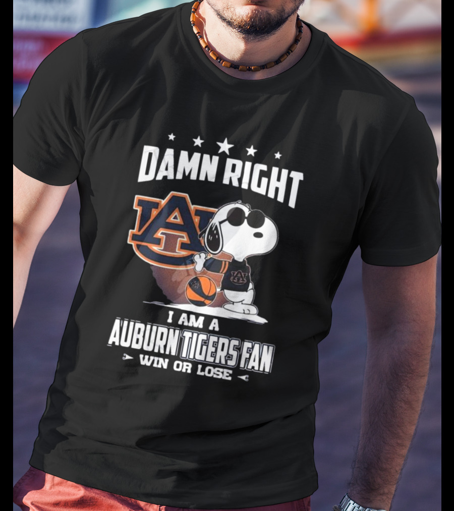 Damn Right I Am A Auburn Tigers Fan Win Or Lose Snoopy Auburn Logo T-Shirt