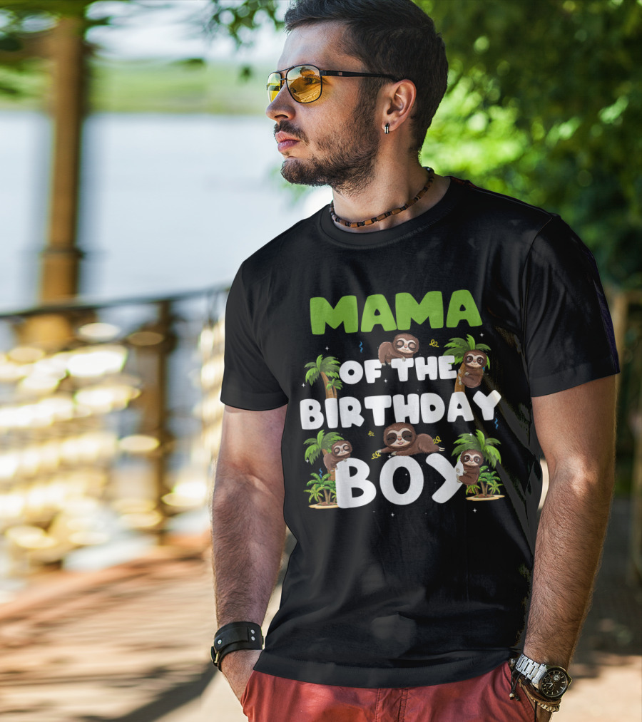 Mama Of The Birthday Boy Sloth Boy Party Family Tropical Palm Trees T-Shirt