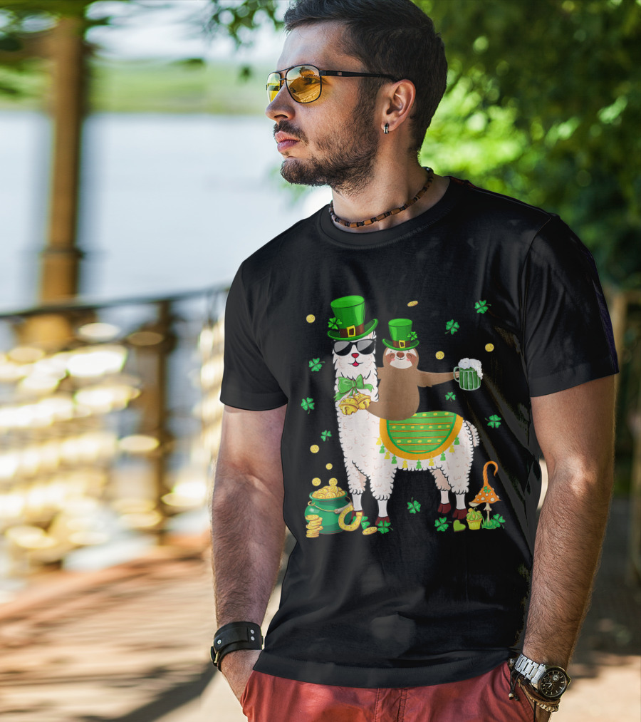 Lucky Shamrock Llama Sloth Lover Happy St Patrick's Day Coins Beer Hat T-Shirt