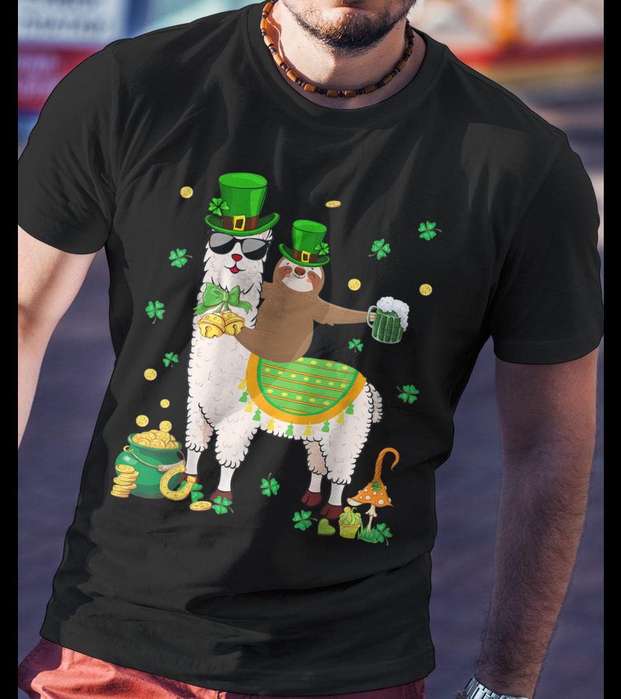 Lucky Shamrock Llama Sloth Lover Happy St Patrick's Day Coins Beer Hat T-Shirt