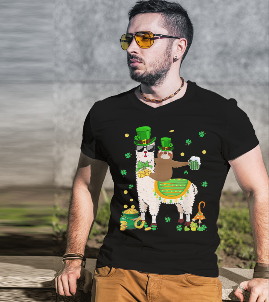 Lucky Shamrock Llama Sloth Lover Happy St Patrick's Day Coins Beer Hat T-Shirt