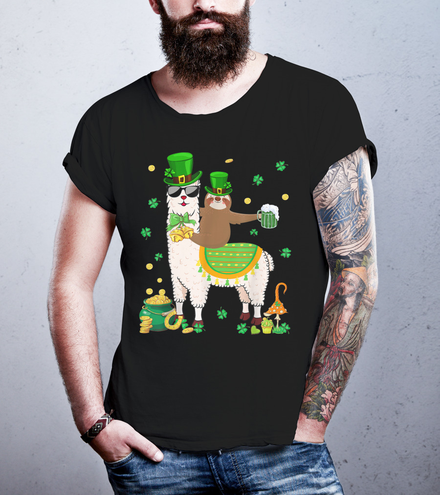 Lucky Shamrock Llama Sloth Lover Happy St Patrick's Day Coins Beer Hat T-Shirt