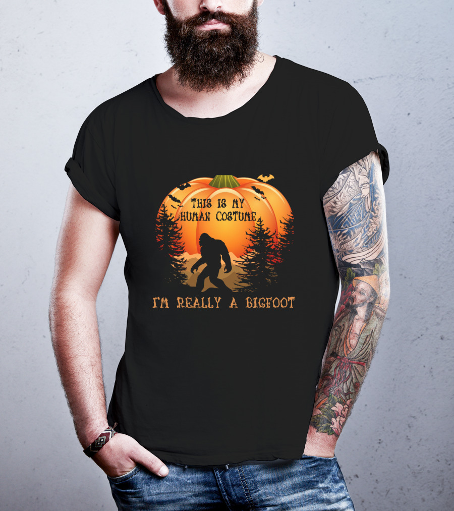 This Is My Human Costume I'm Really A Bigfoot Halloween Pumpkin Silhouette With Bats And Trees T-Shirt