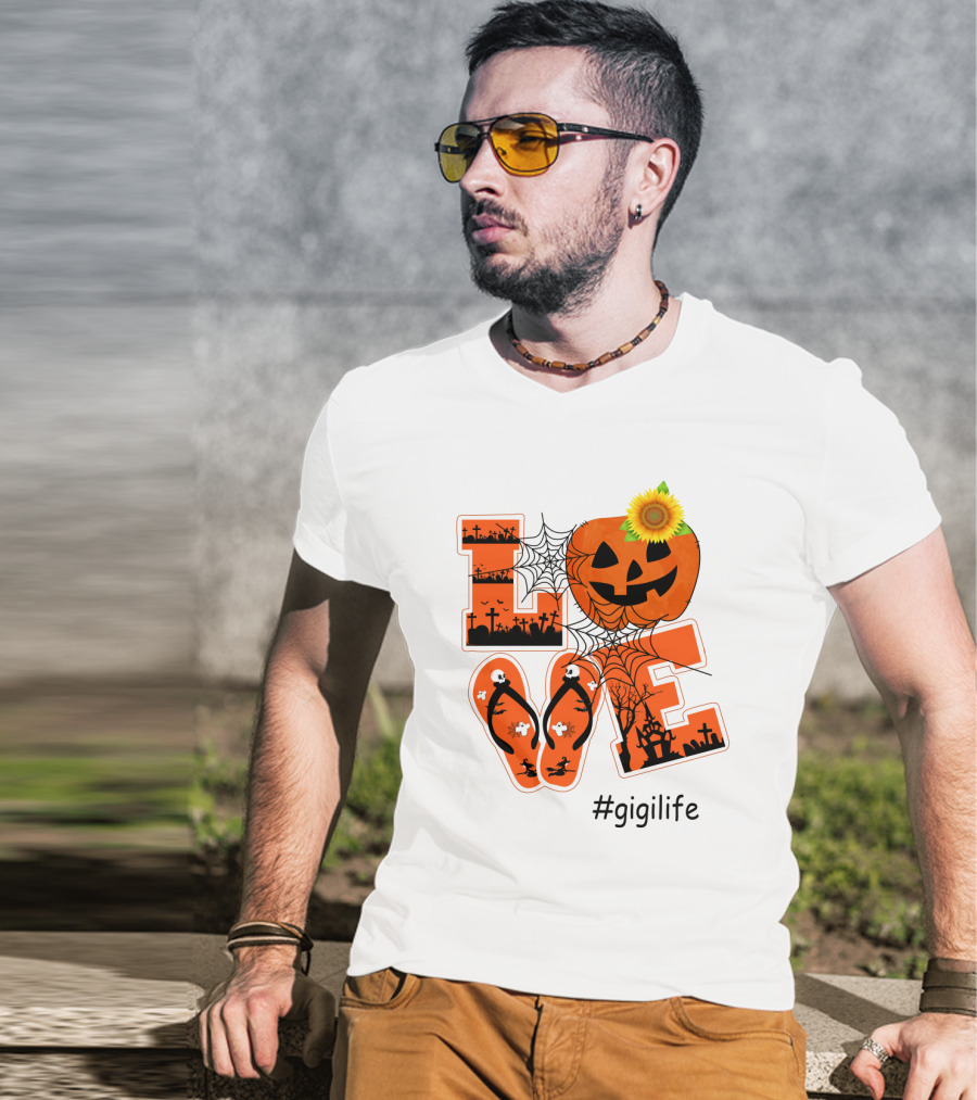 Love Pumpkin Halloween Theme #GigiLife With Spider Web And Sunflower T-Shirt