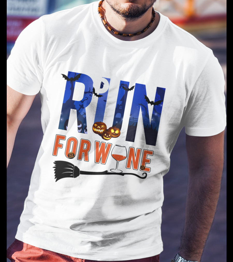 Halloween Run For Wine With Bats, Pumpkins, Witch's Broom, And Wine Glass T-Shirt