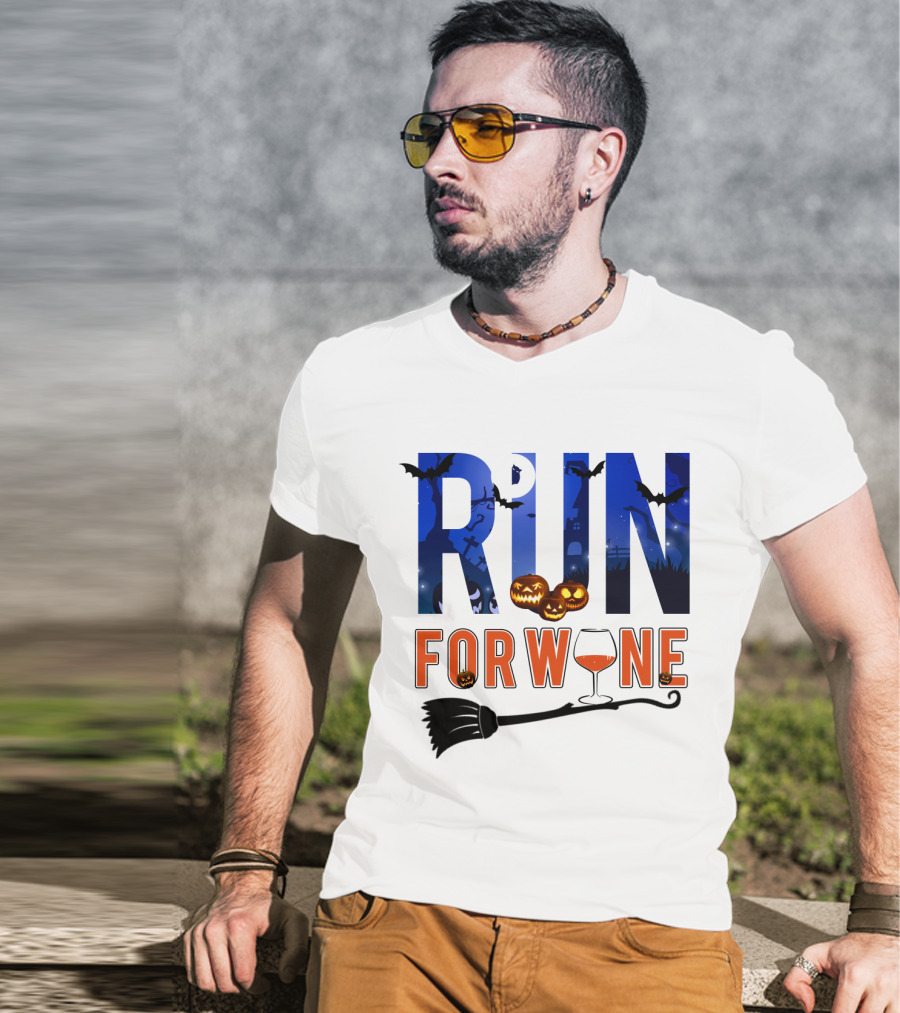 Halloween Run For Wine With Bats, Pumpkins, Witch's Broom, And Wine Glass T-Shirt