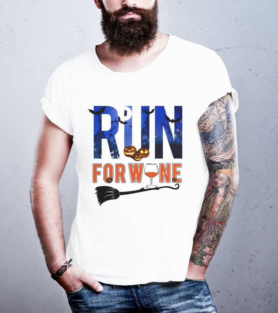 Halloween Run For Wine With Bats, Pumpkins, Witch's Broom, And Wine Glass T-Shirt