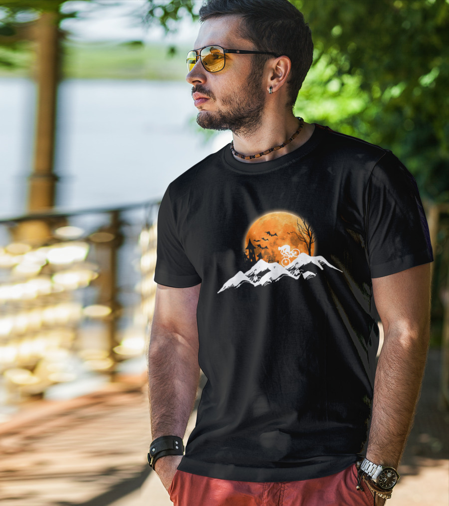 Mountain Biking Halloween Adventure Full Moon Haunted Castle Bats Scenic Ride T-Shirt
