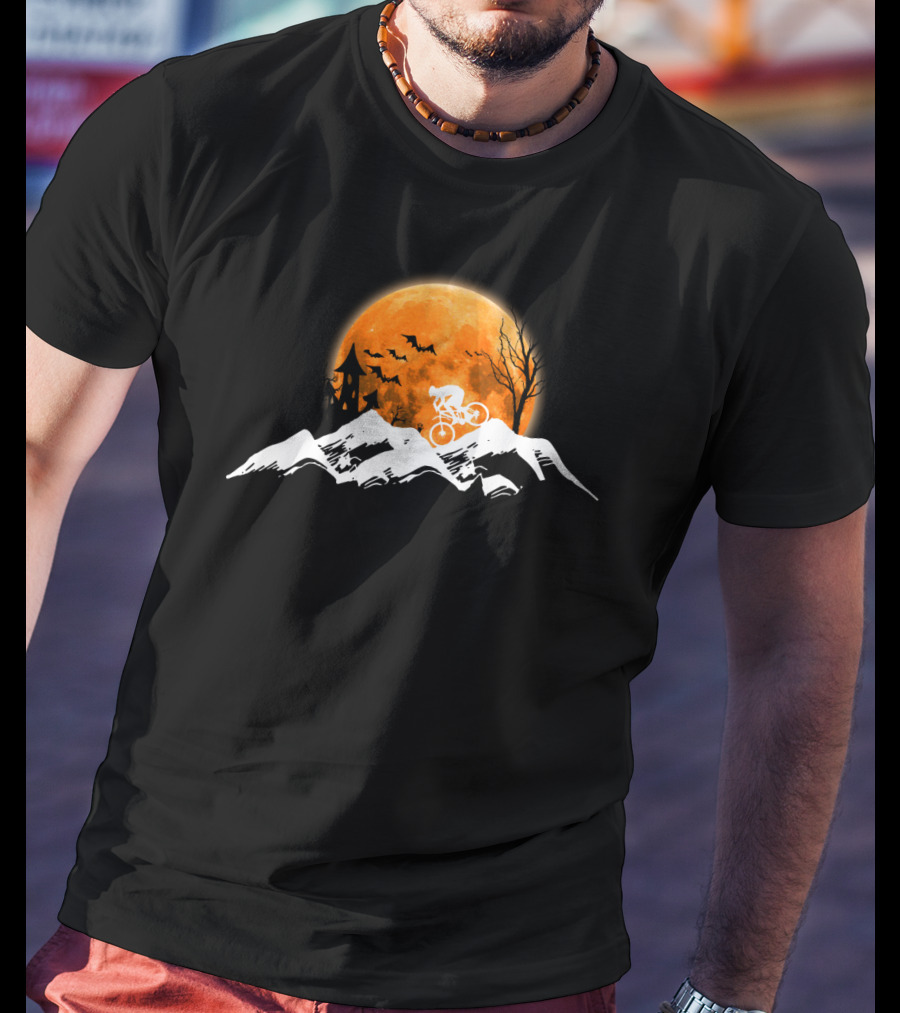 Mountain Biking Halloween Adventure Full Moon Haunted Castle Bats Scenic Ride T-Shirt