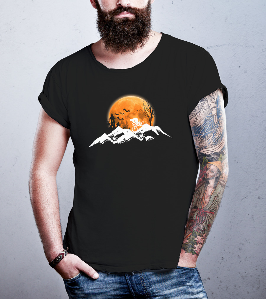 Mountain Biking Halloween Adventure Full Moon Haunted Castle Bats Scenic Ride T-Shirt