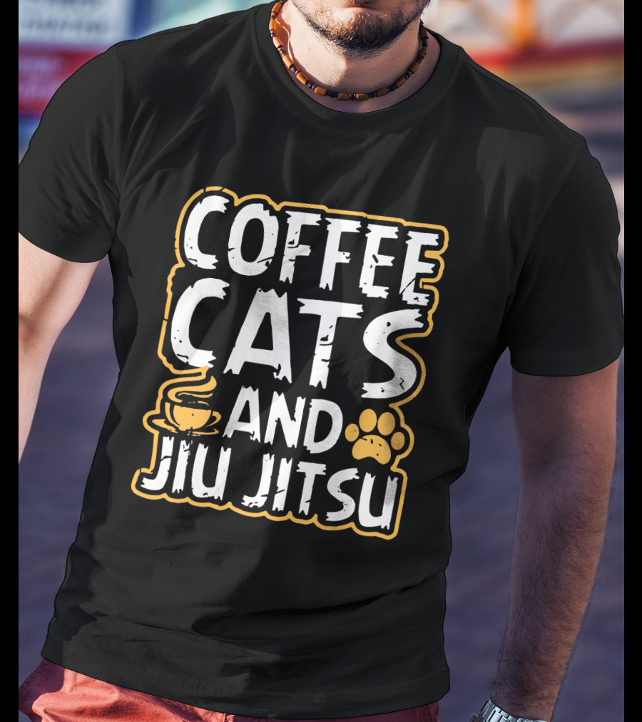 Coffee Cats And Jiu Jitsu With Coffee Cup And Cat Paw Prints T-Shirt