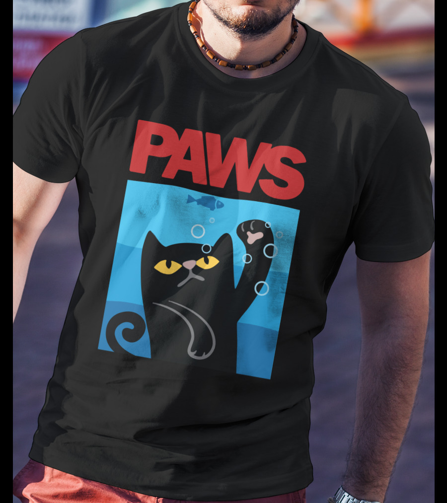 PAWS Jaws Parody Black Cat With Fish In Water T-Shirt