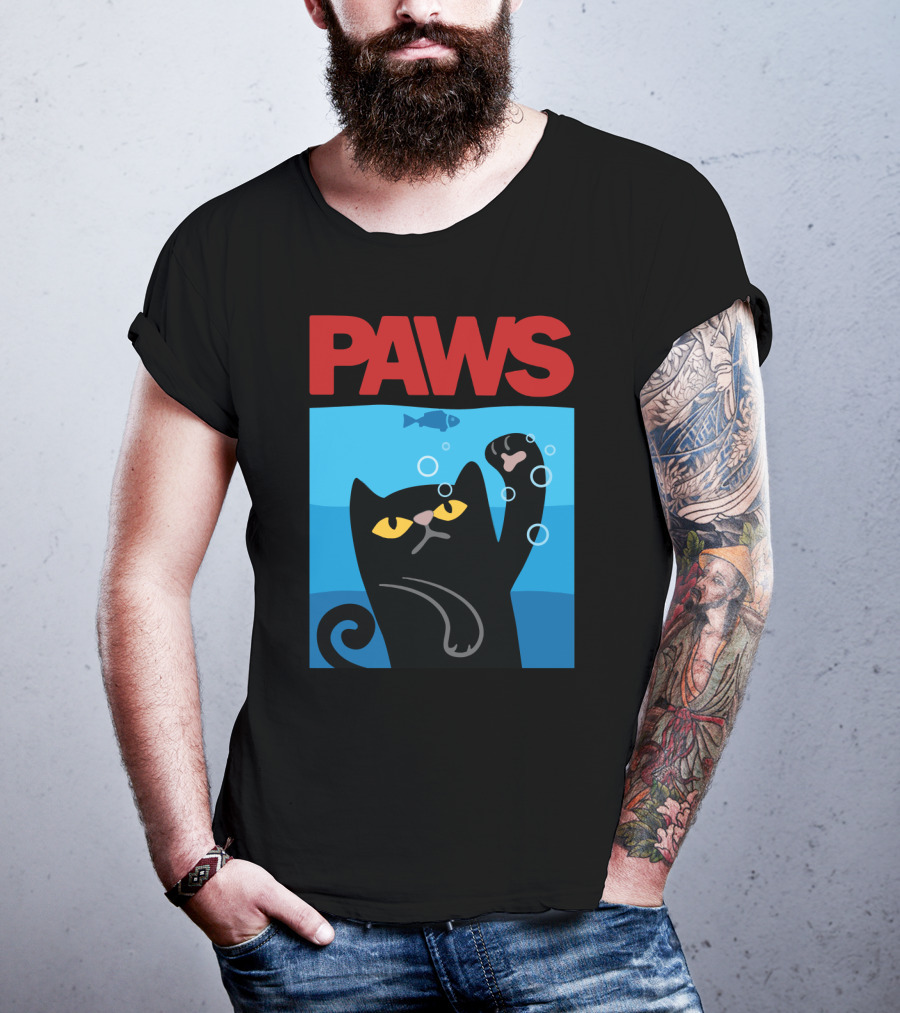 PAWS Jaws Parody Black Cat With Fish In Water T-Shirt
