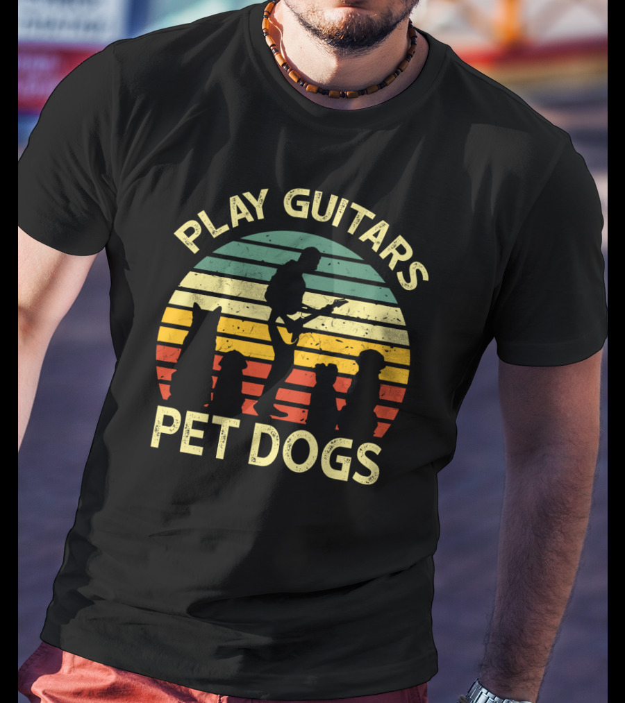 Play Guitars Pet Dogs Retro Silhouette With Dogs And Guitar Player T-Shirt