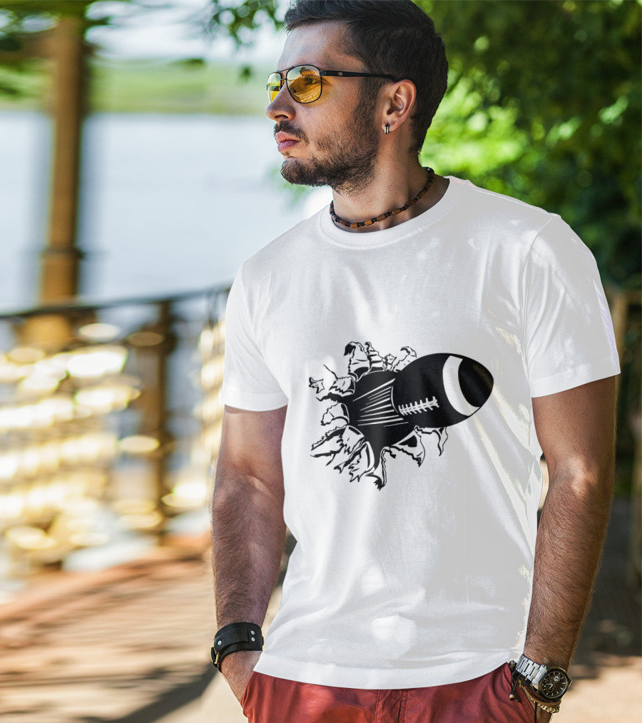 Flying American Football Breaking Through Barrier T-Shirt