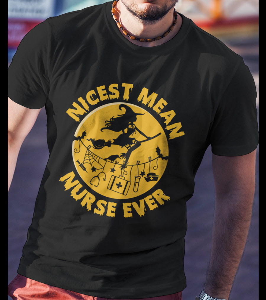 Nicest Mean Nurse Ever Witch Theme With Medical And Halloween Elements T-Shirt