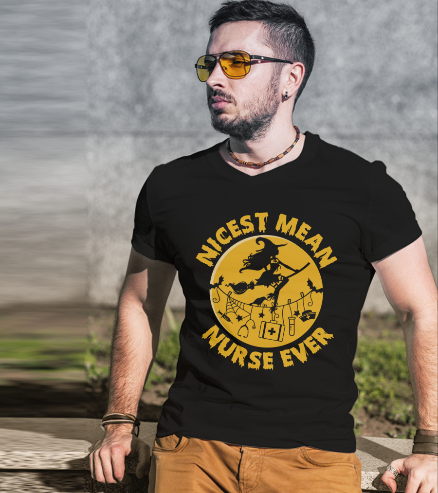 Nicest Mean Nurse Ever Witch Theme With Medical And Halloween Elements T-Shirt