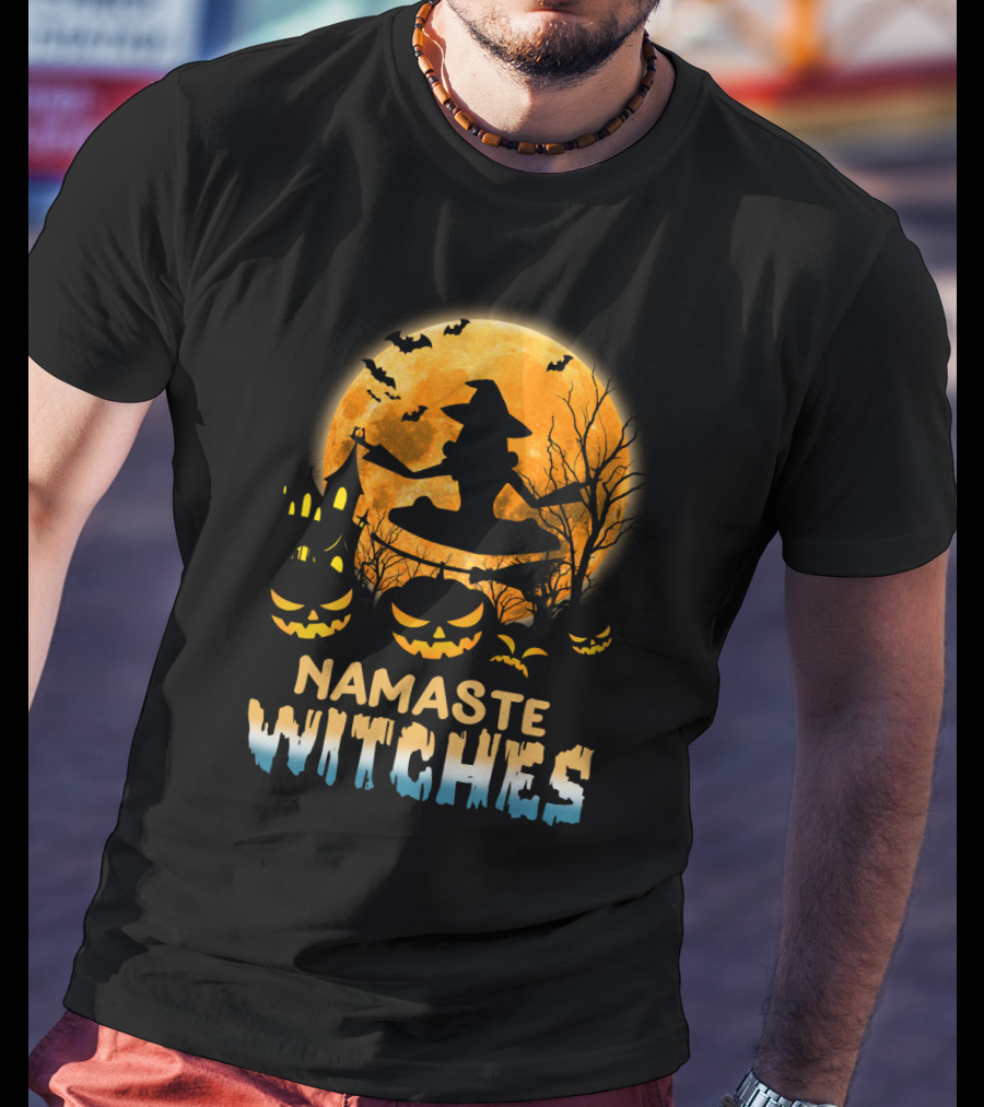 Namaste Witches Yoga Halloween Moon And Pumpkins T-Shirt