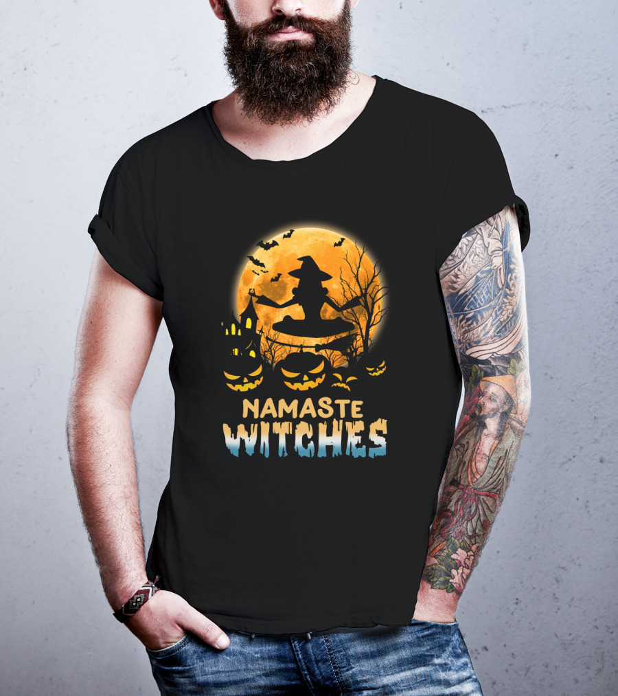 Namaste Witches Yoga Halloween Moon And Pumpkins T-Shirt