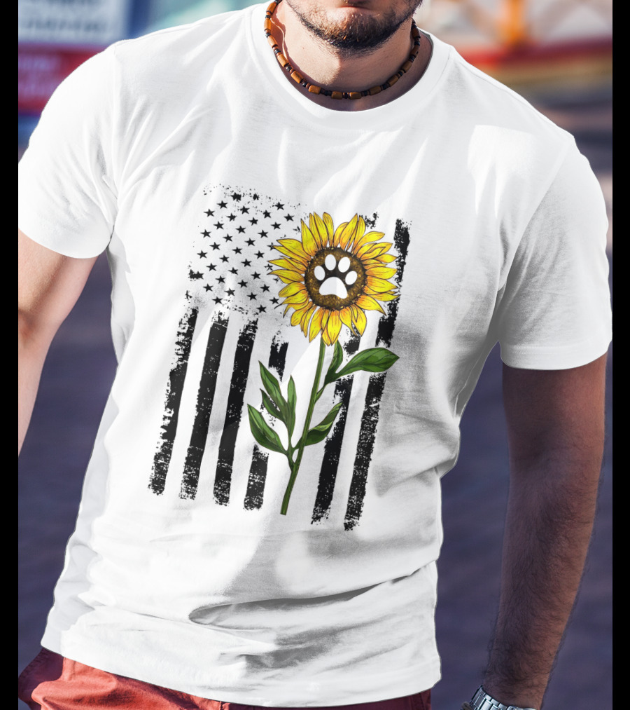 Sunflower Dog Paw Over American Flag Background T-Shirt