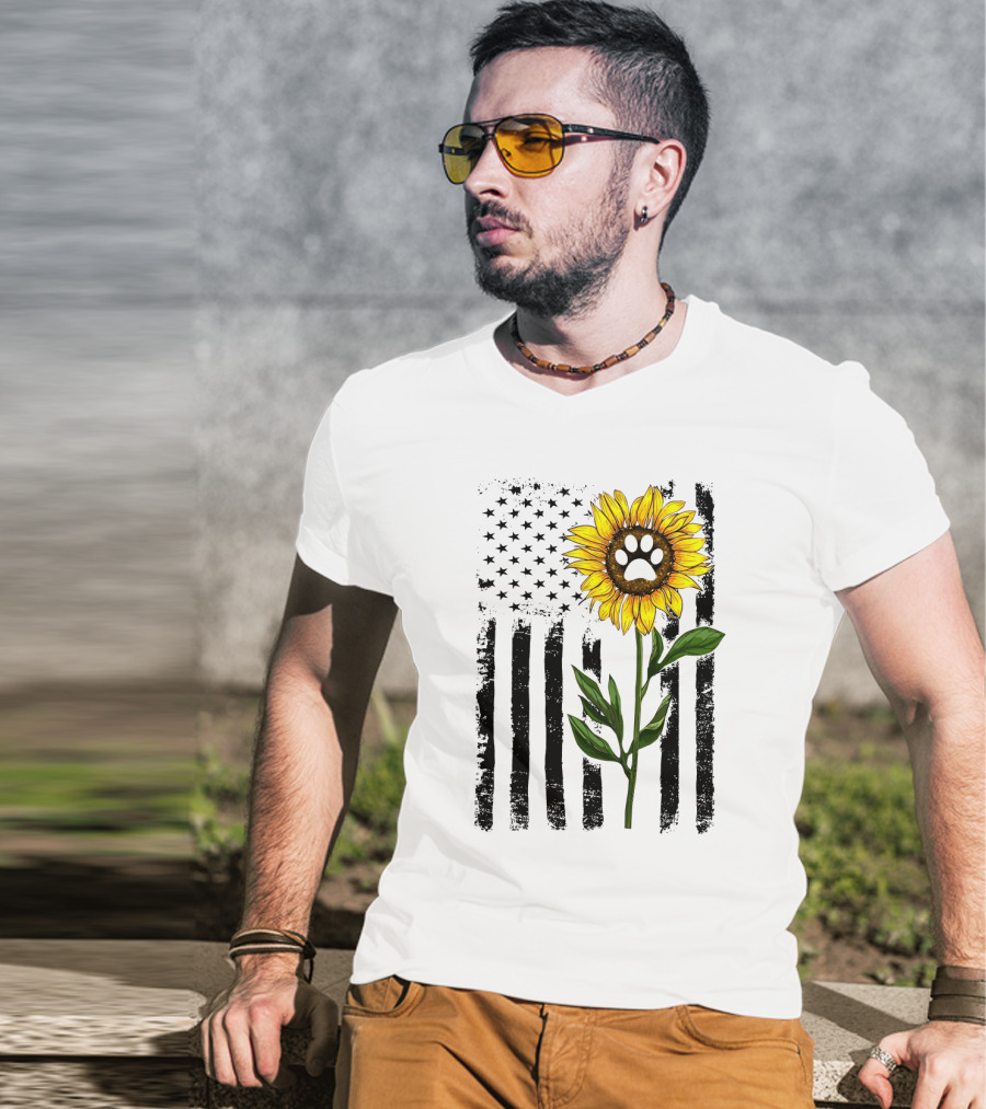Sunflower Dog Paw Over American Flag Background T-Shirt