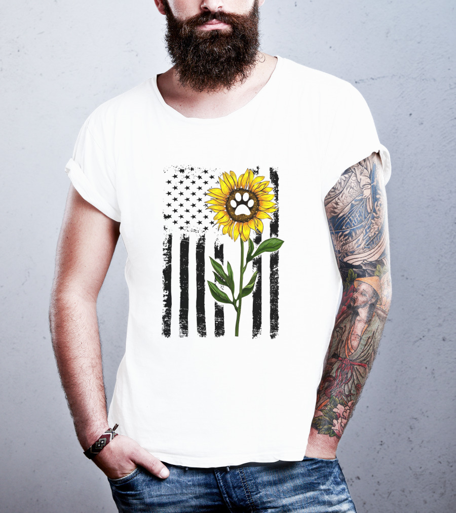 Sunflower Dog Paw Over American Flag Background T-Shirt
