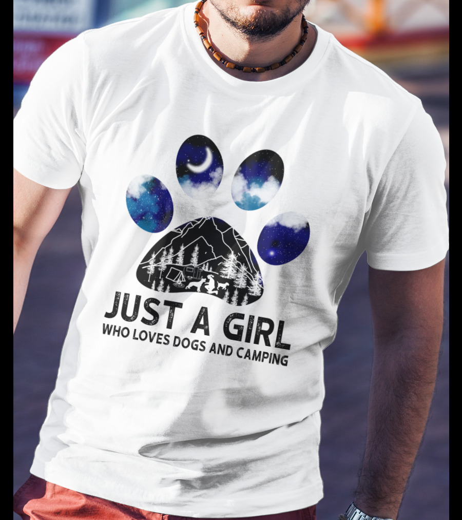 Just A Girl Who Loves Dogs And Camping Under Starry Night With Tent And Campfire T-Shirt