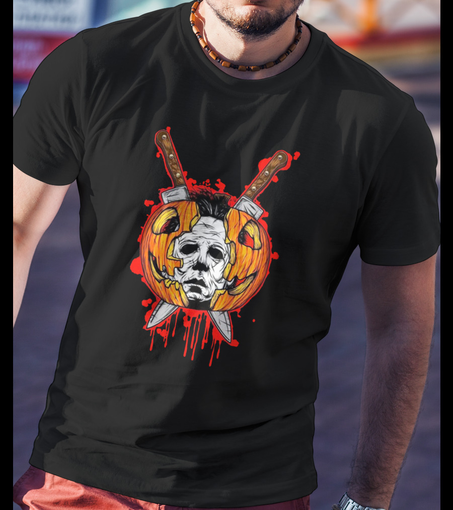 Michael Myers Pumpkin Head Halloween Horror Iconic Mask Crossed Knives T-Shirt