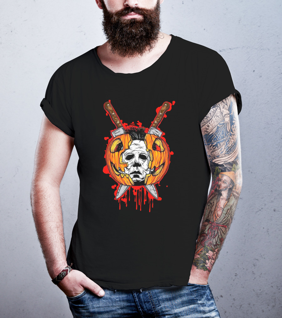 Michael Myers Pumpkin Head Halloween Horror Iconic Mask Crossed Knives T-Shirt