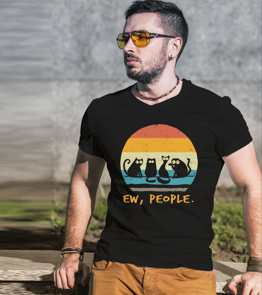 Ew People Funny Cat Retro Sunset T-Shirt