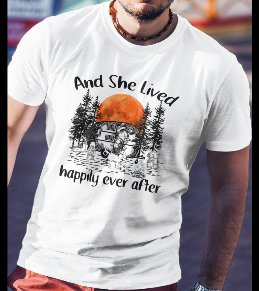 And She Lived Happily Ever After Camping Adventure With Orange Moon And Campfire Scene T-Shirt