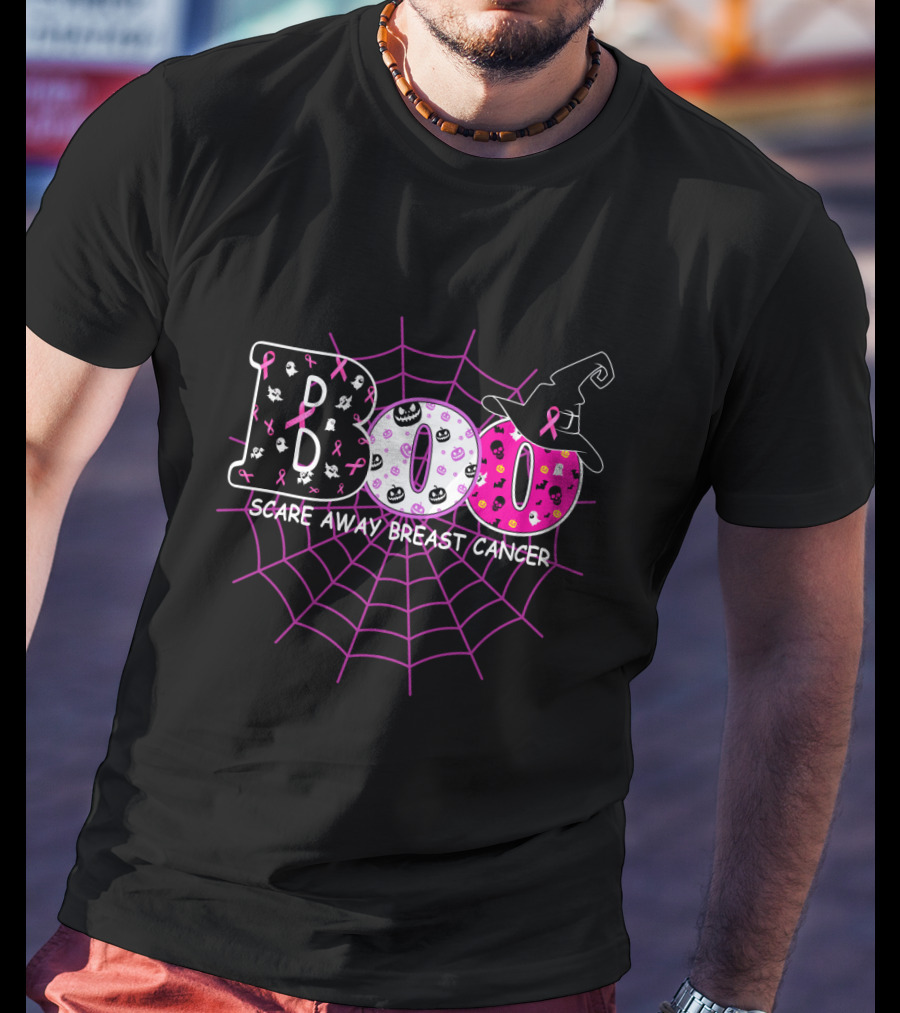 Boo Halloween Witch Hat Pink Ribbon Scare Away Breast Cancer Awareness T-Shirt
