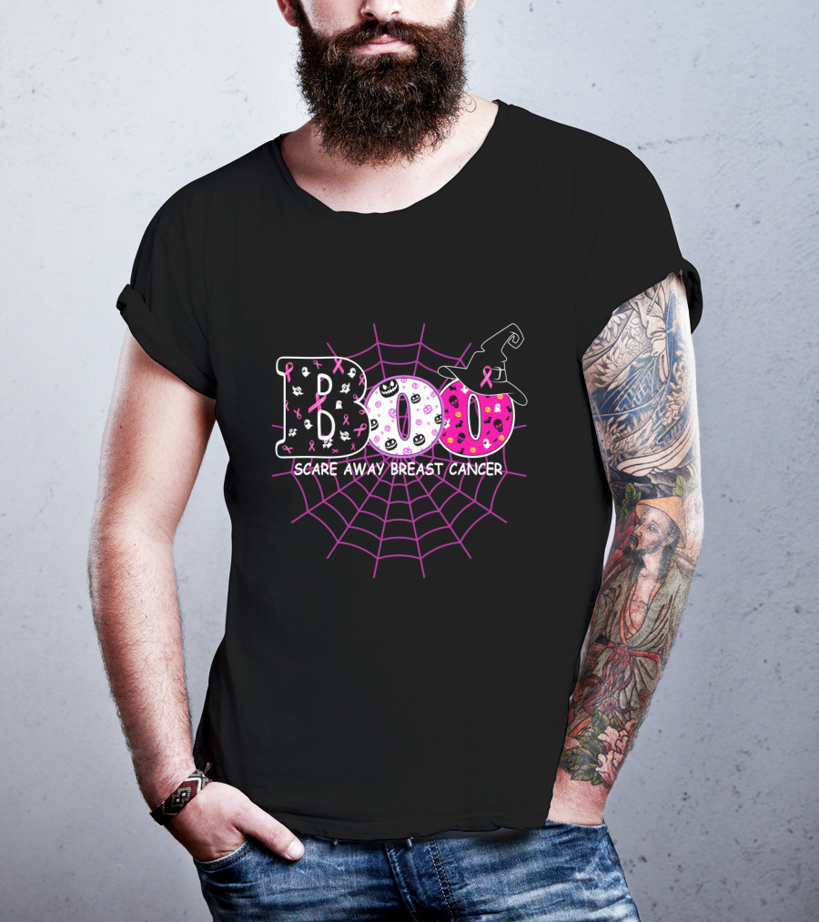 Boo Halloween Witch Hat Pink Ribbon Scare Away Breast Cancer Awareness T-Shirt