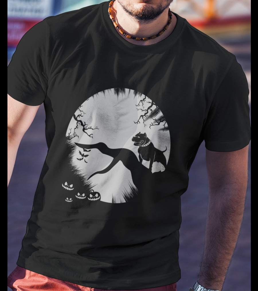 Pitbull Halloween Moon With Jack O'Lanterns And Bats T-Shirt
