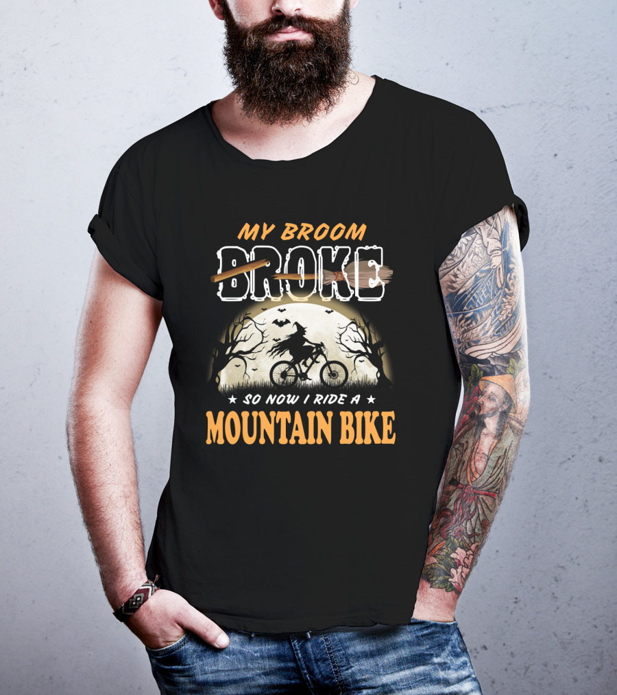 My Broom Broke So Now I Ride A Mountain Bike Halloween Witch Cycling Moon Scene T-Shirt
