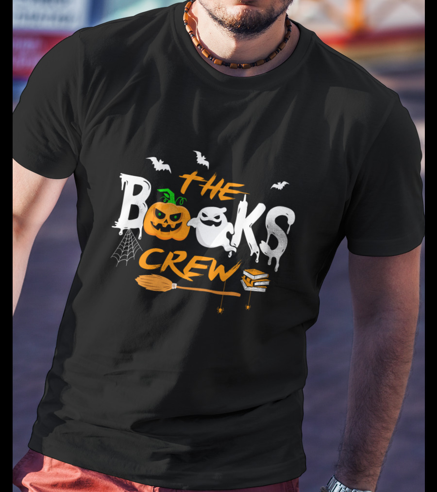 The Books Crew Halloween Ghost Pumpkin Bats Broom Books Spider Web T-Shirt