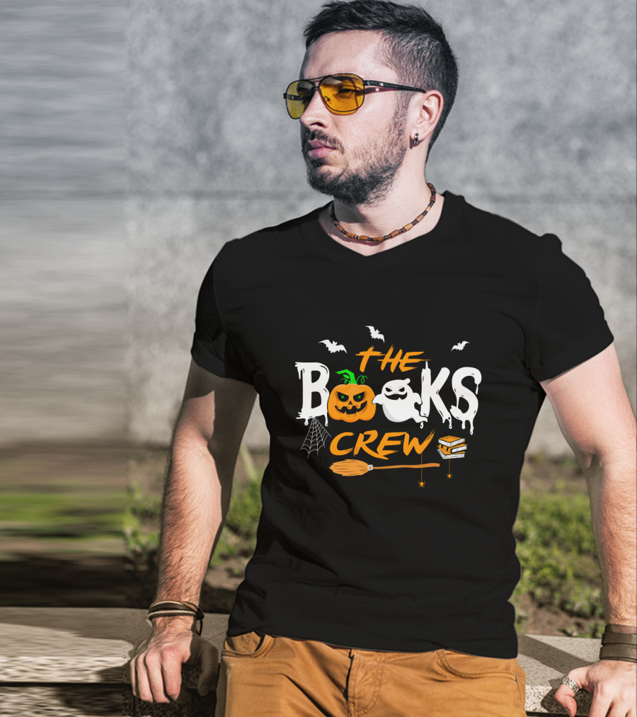 The Books Crew Halloween Ghost Pumpkin Bats Broom Books Spider Web T-Shirt
