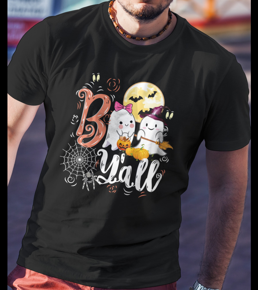 Bo Y'all Cute Ghosts With Pumpkins And Halloween Full Moon T-Shirt