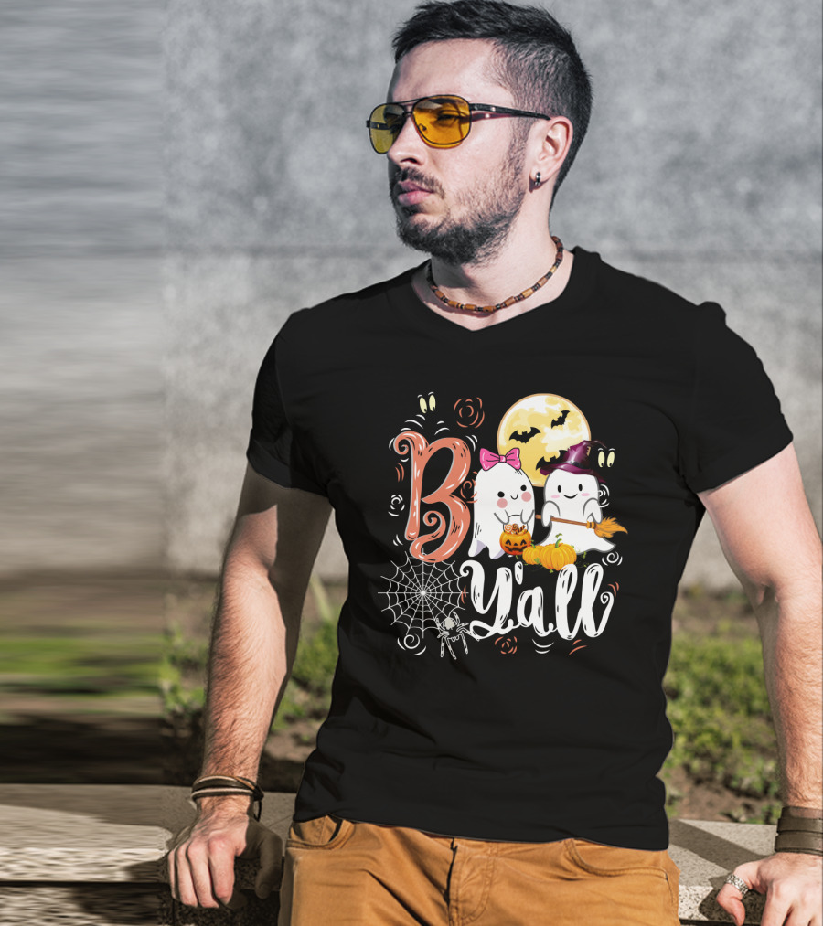 Bo Y'all Cute Ghosts With Pumpkins And Halloween Full Moon T-Shirt
