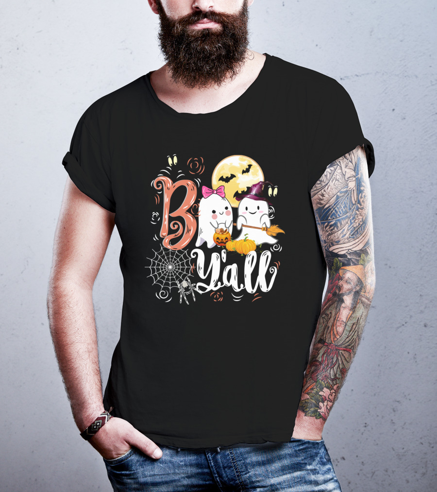 Bo Y'all Cute Ghosts With Pumpkins And Halloween Full Moon T-Shirt