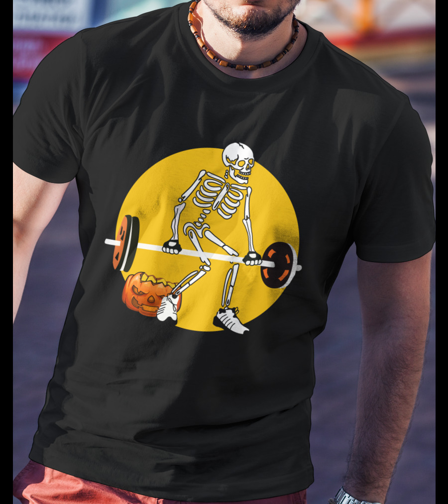 Skeleton Lifting Barbell With Pumpkin Halloween T-Shirt