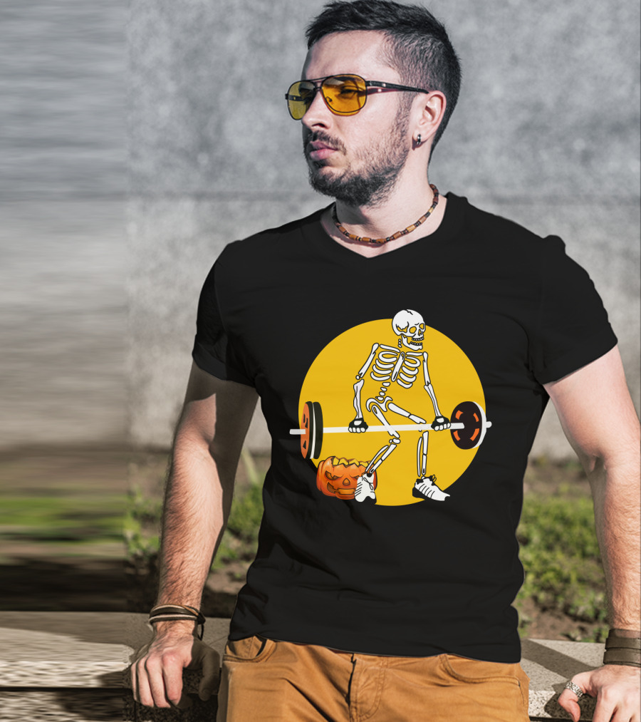 Skeleton Lifting Barbell With Pumpkin Halloween T-Shirt
